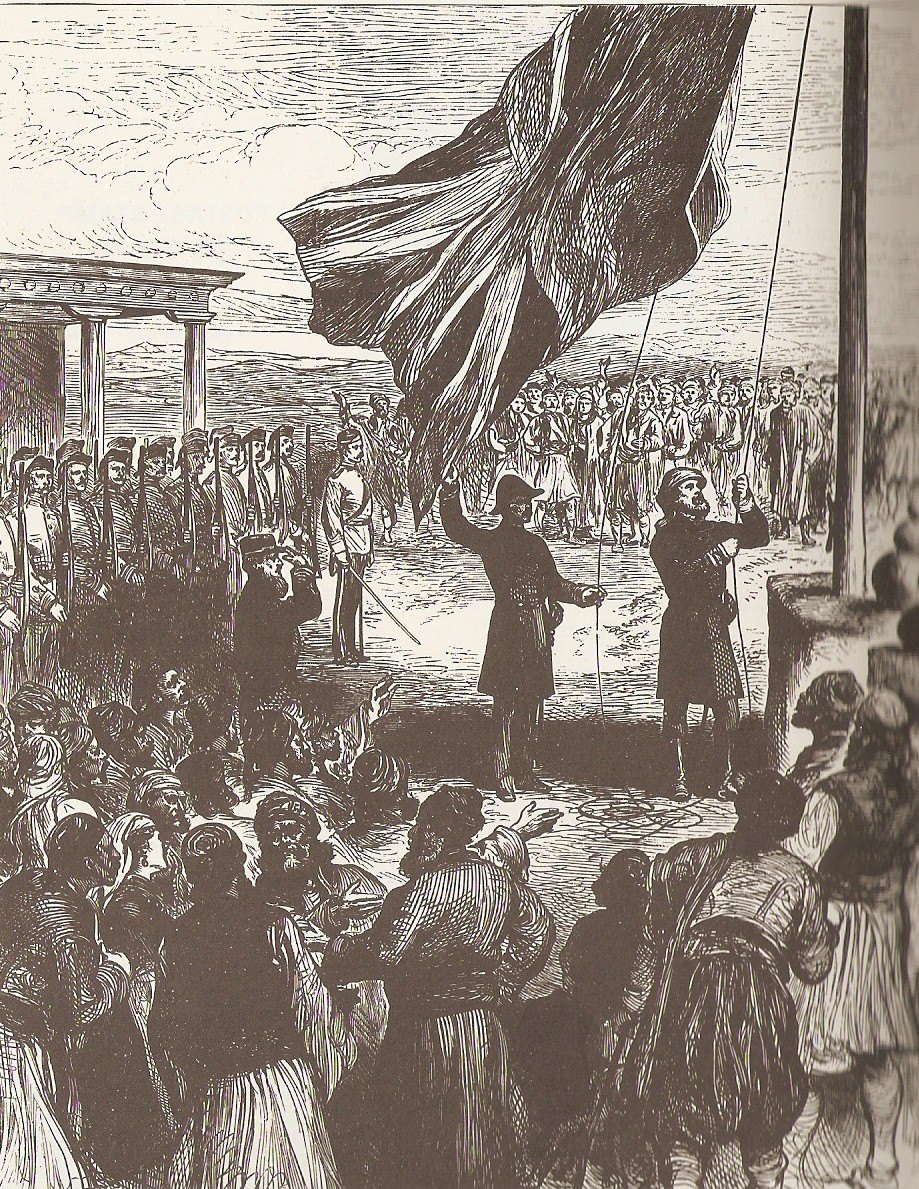 Издигането на британския флаг в Никозия през 1878 г. – гравюра