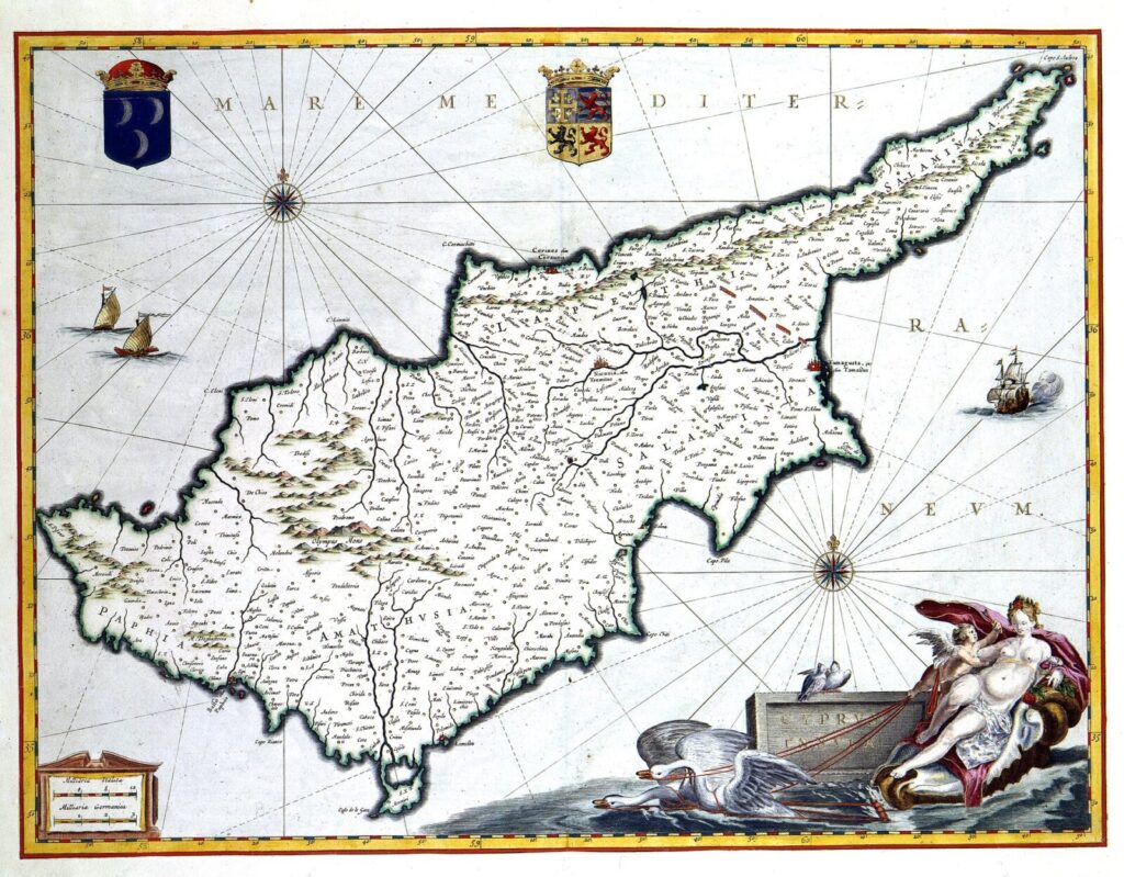 Старинна карта на остров Кипър от атласа на Вилем и Йоан Блау, 1635 г.